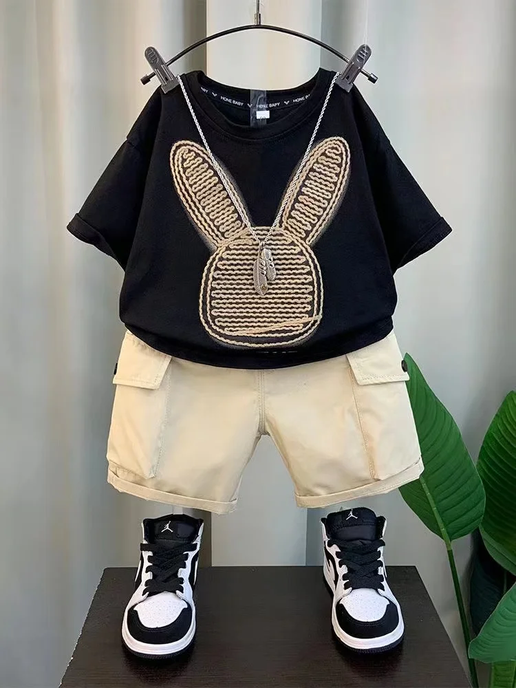 Summer Short Sleeve Suit Baby Boys Clothes Kids Outfits Cartoon T-Shirt Tops And Khaki Shorts 2PCS Embroidery Boutique Clothing