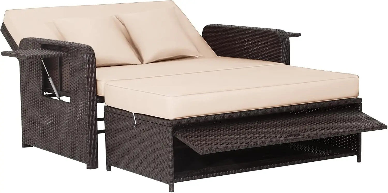 Patio Rattan Daybed, Patiojoy Wicker Loveseat Sofa w/Multipurpose Ottoman & Retractable Side Tray, 4-Level Adjustable Backrest,