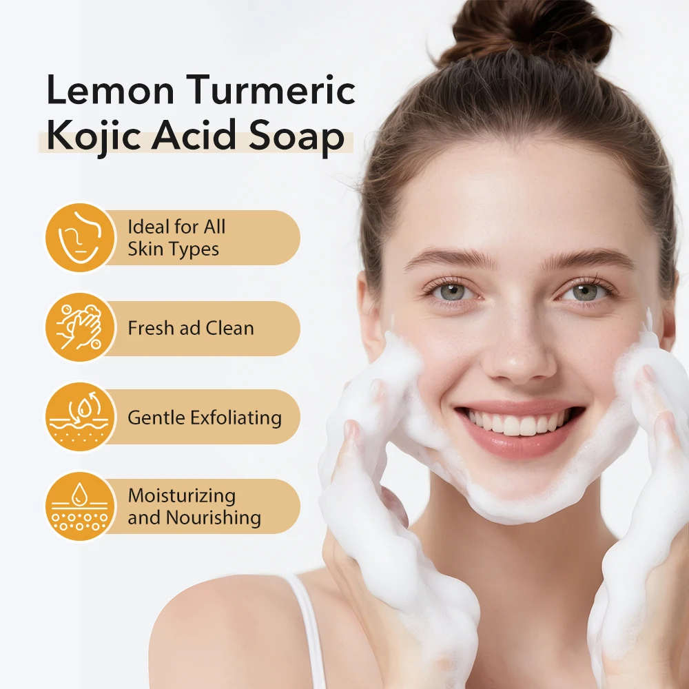 صابون تفتيح الكركم الليموني مصنوع يدويًا للتنظيف العميق وتقشير الجسم المتوهج وصابون العناية بالجسم مع شبكة 100 جرام #4