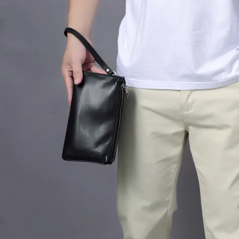 Genuine Leather Men Clutch Bag Business Casual Wristlet Wallet Large Capacity Phone Bag Zipper Purse for Men