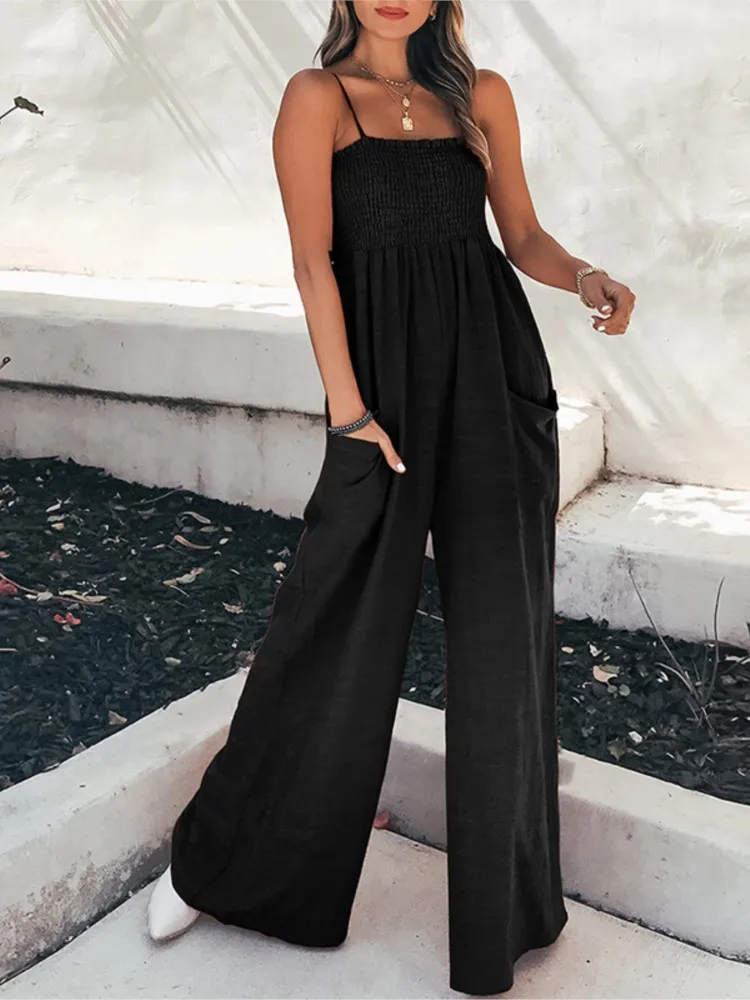 2024 Summer New Women's Solid Color Sexy Sleeveless Strap Drawn Casual Style Commuter Belt Pocket High Waist Jumpsuit