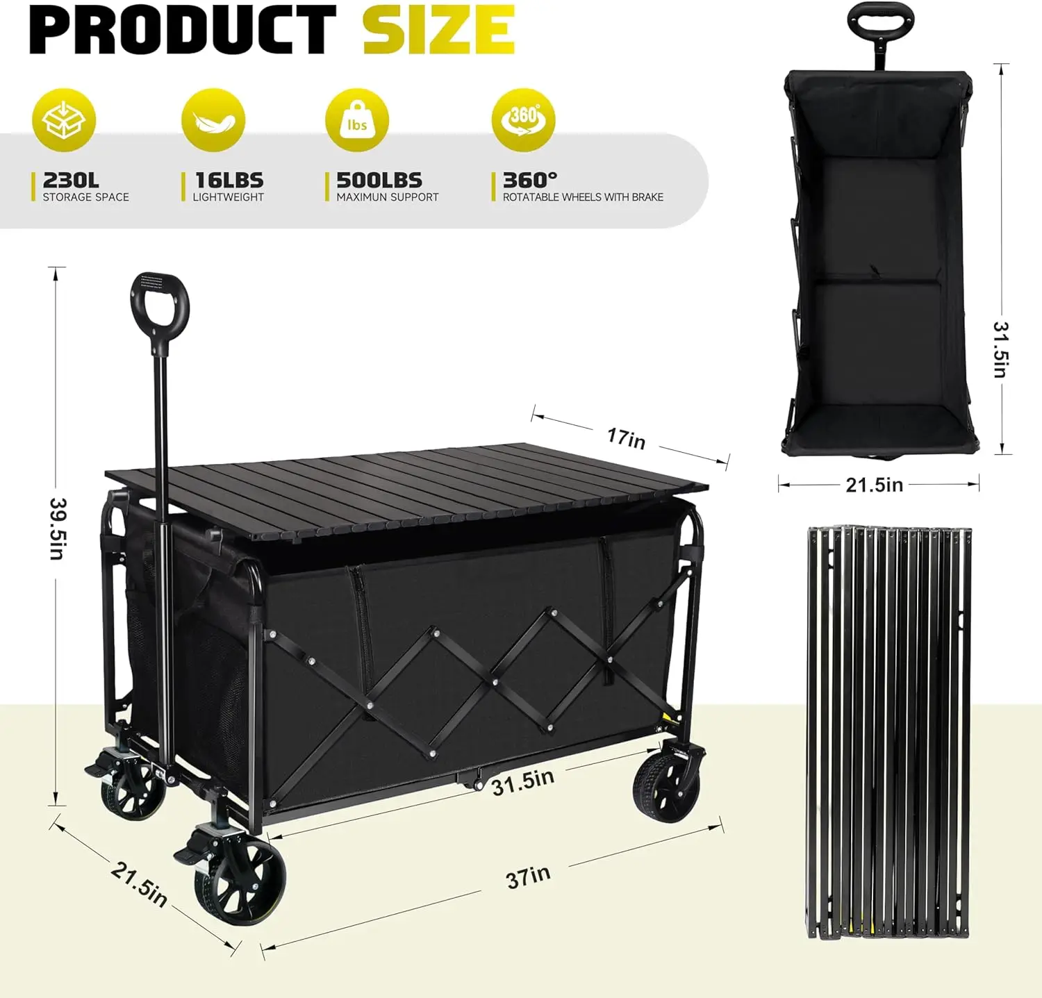500LBS Collapsible Foldable Wagon Cart 360° Swivel Wheels Heavy Duty Portable Utility 2 Cup Holders Shopping Camping Beach