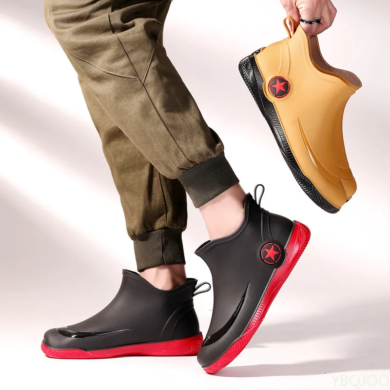 

2025 Fashion New Short Tube Low Top Anti Slip Waterproof Men's Rain Boots Popular Flat Bottomed Sleeve Men's Rain Boots