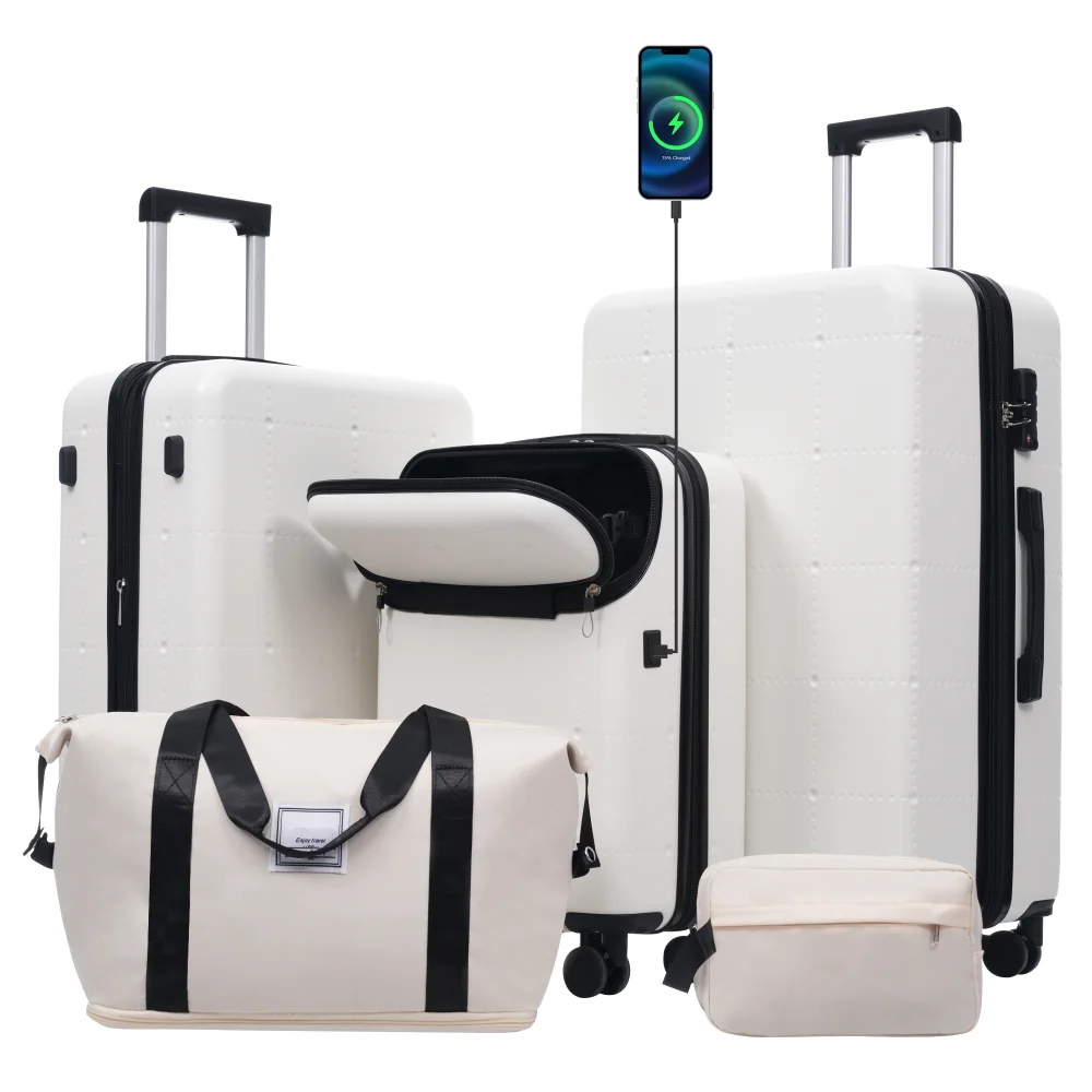 

5PCS Hardside Luggage Set Expandable 20/24/28 Inch Half-opening Carry on With USB Port Double Spinner Wheels TSA Lock