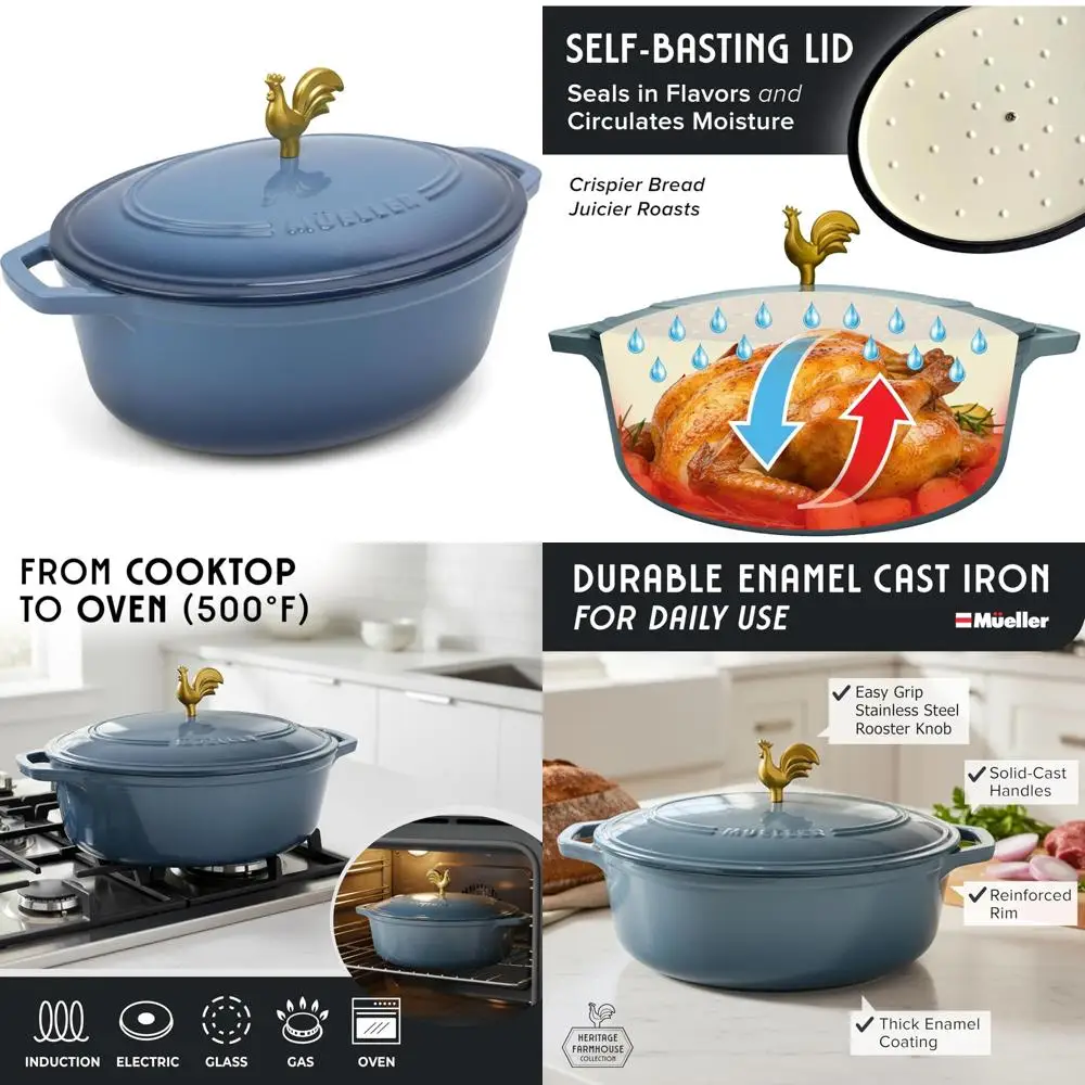 

Овальная голландская духовка из эмалированного чугуна, 5,5 литра, ручка петуха, сверхмощная посуда, безопасная для духовки до 500 ° F, универсальная кухонная эссенция