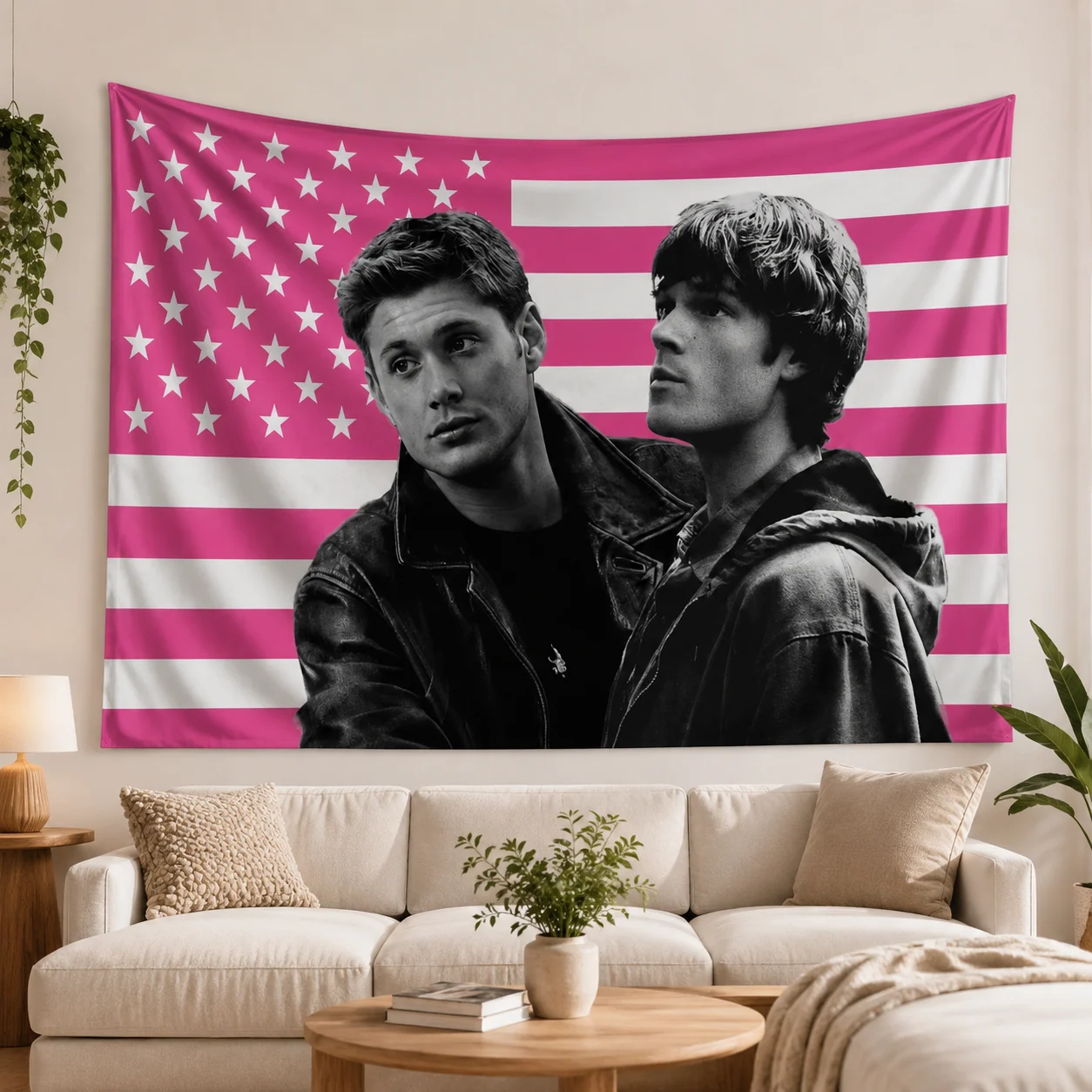 Dean & Sam Winchester Must-Have Wandteppich, rosa US-Flagge, Sterne, Streifen, flacher Druck, Wandbehang für Schlafzimmer, Wohnheim, Raumdekoration