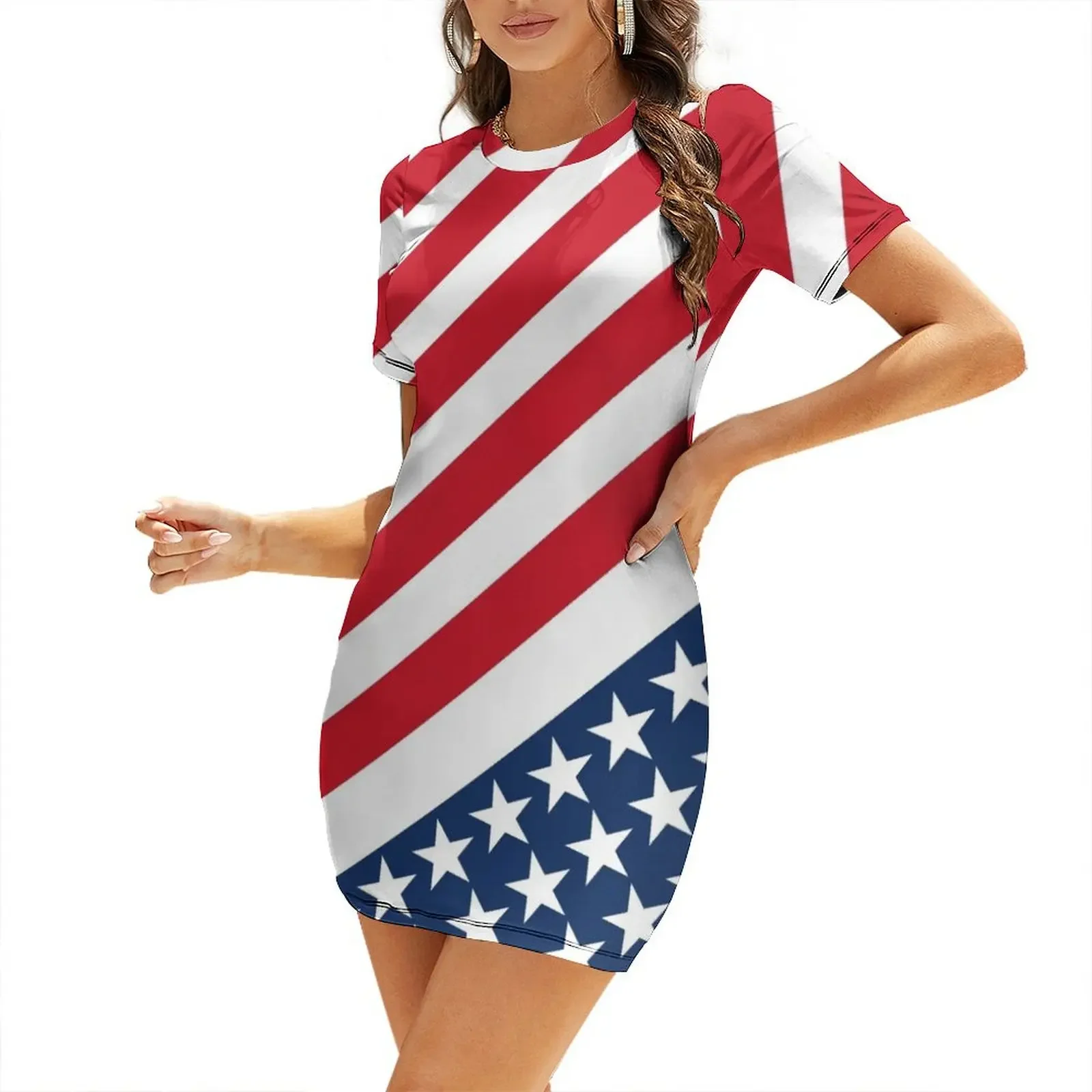 

USA American Flag Slanted Stripes Short-Sleeved Dress birthday dress for women dress women summer for women 2025