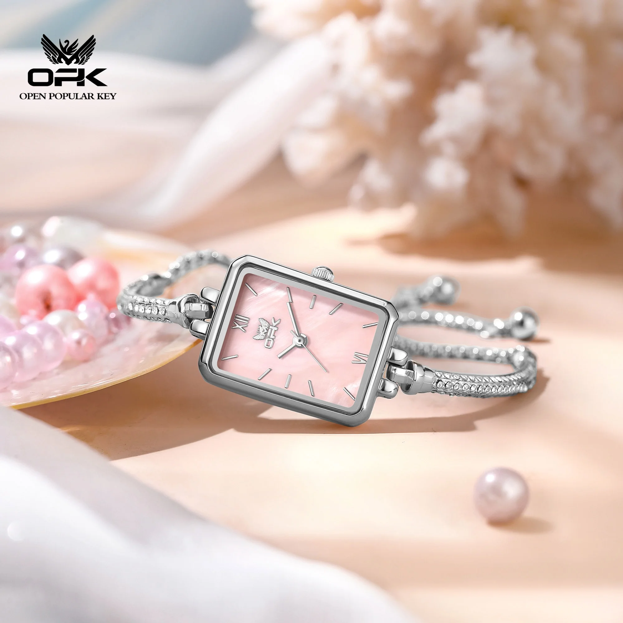 OPK 6092 Elegance Original Quartz Movement Watch For Women Square Dial 30m Waterproof Semi-bangle Bracelet Watch For Women