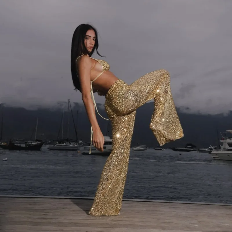 

Spring and Summer New European and American Split Bikini Gather Deep V Sexy Sequined Wide-leg Pants Set Exquisite Simple Casual