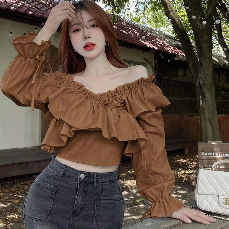 Ruffles Splicing Crop Blouse Women Sexy Off Shoulder Slash Neck Casual Top Y2K Fashion Korean Drawstring Criss Cross Chic Shirt