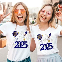 Happy New Year 2025 Print Womens T-shirt Short Sleeve Round Neck Tee Shirt Fashion Comfy Tshirt Summer Women's New Year Clothes