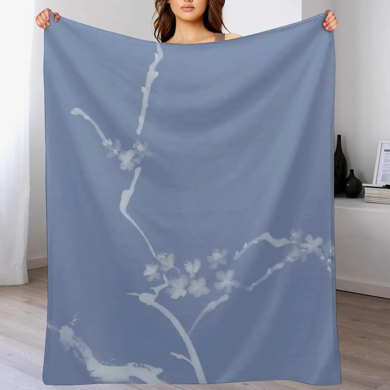 

Sakura oriental design Cherry tree blossom Japanese Zen illustration on light blue background art print Throw Blanket