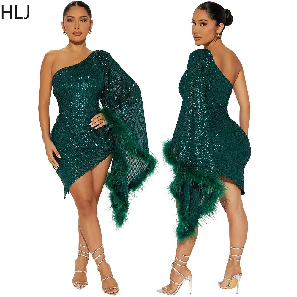 

HLJ Sexy One Shoulder Sequin Long Sleeveless Dresses Female Fur Patchwork Irregular Mini Dress Female Birthday Club Vestidos New