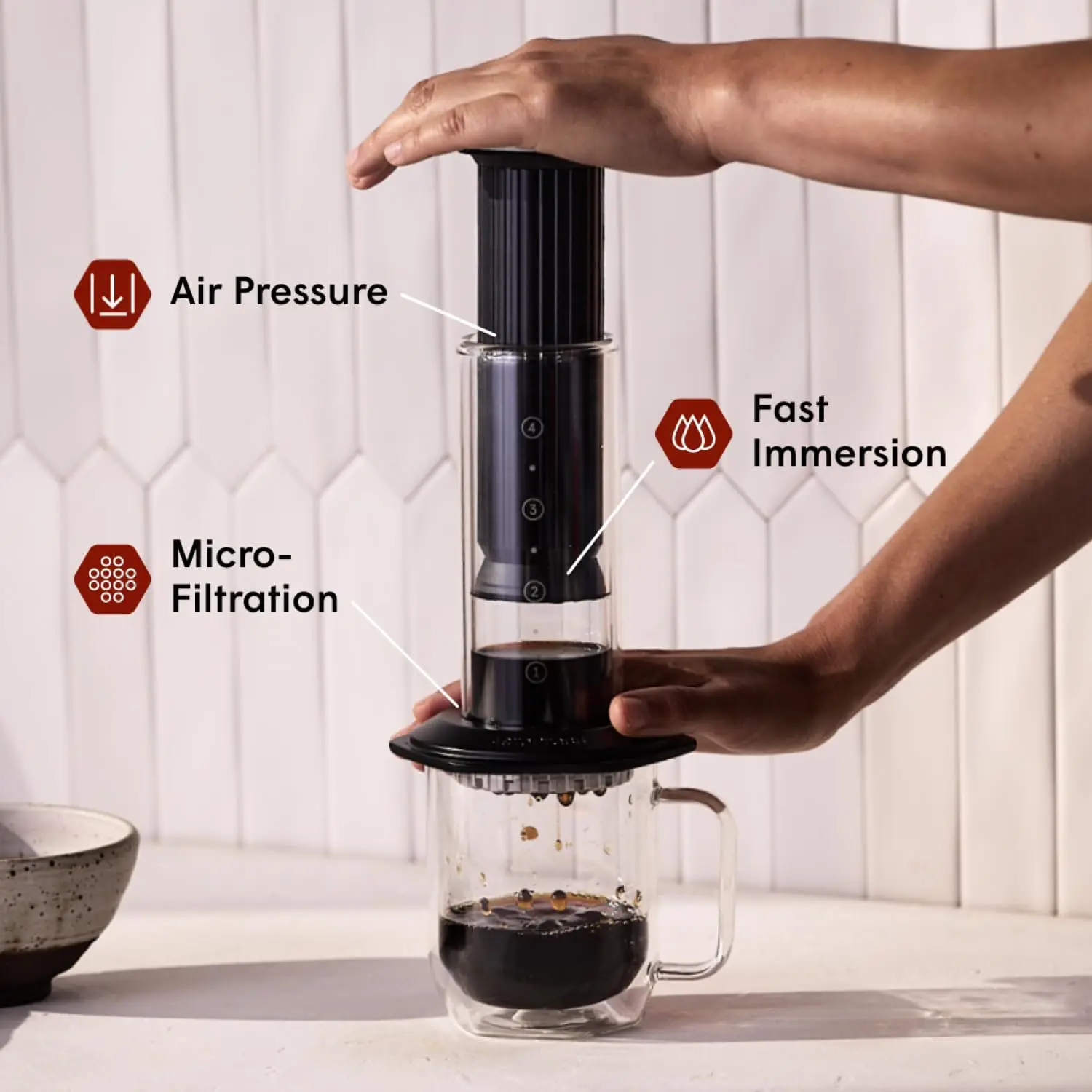Premium Coffee Press, Glass, Stainless Steel & Aluminum, Black | Glass, Stainless Steel & Aluminum, All-in-One French Press, Pou