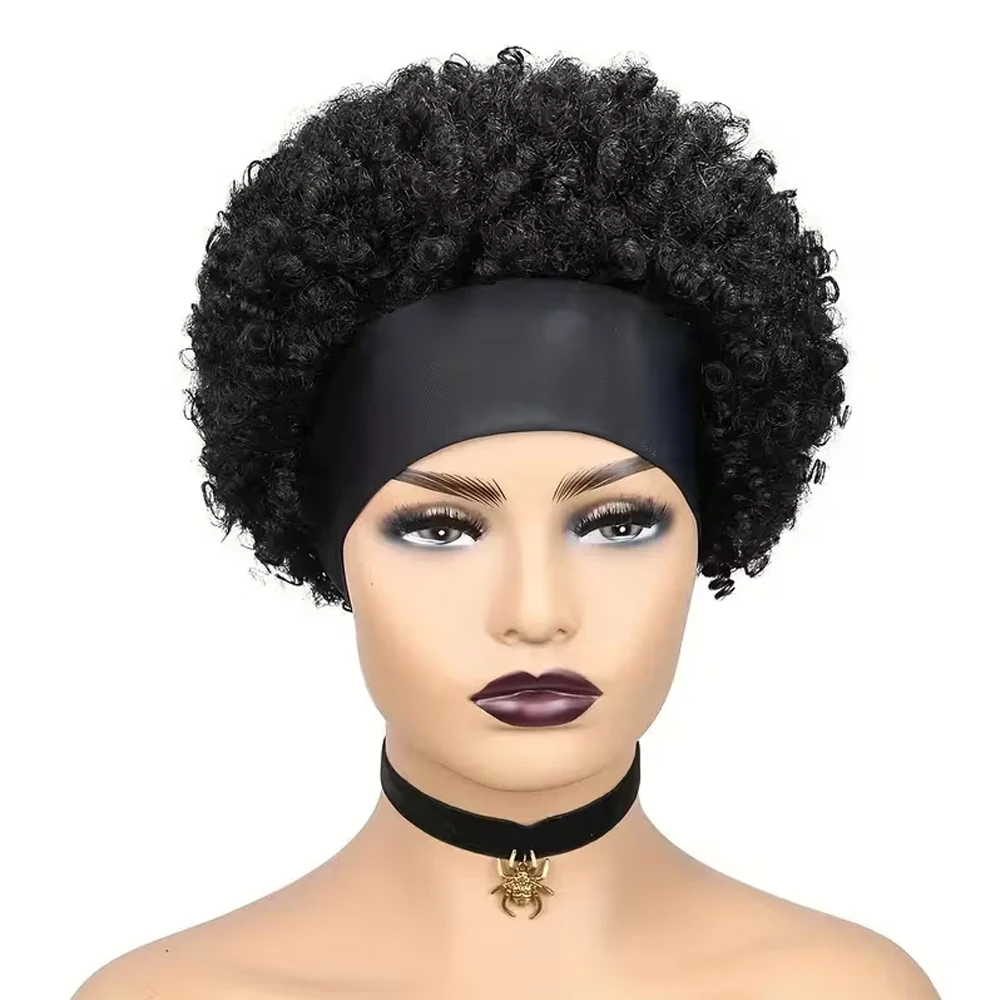 Short Afro Kinky Curly Synthetic Wig with Headbands Attached Women's Cosplay Replacement Hair Machine Made for Quick Change