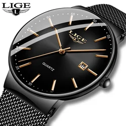 LIGE Fashion Luxury Man Watch Ultra Thin Waterproof Mesh Belt Watch for Men Auto Date Quartz WristWatch Business Calendar Clocks