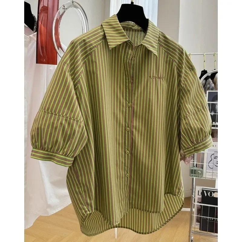 

Женская рубашка в французском стиле свободного кроя с контрастными полосками, пышными рукавами и отложным воротником, повседневный летний шикарный топ