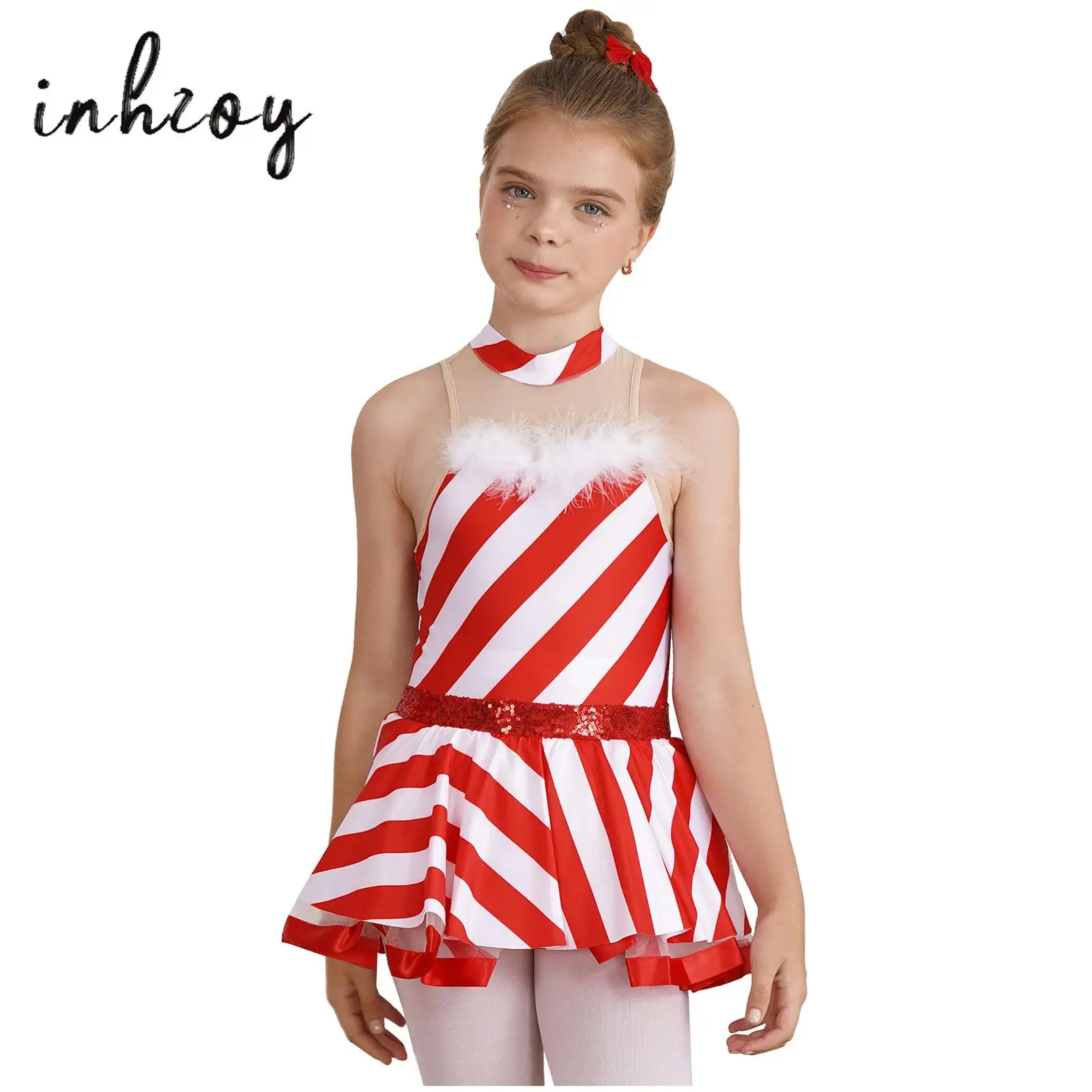 

Girls Christmas Party Dress Candy Cane Costume Sleeveless Keyhole Back Mesh Patchwork Stripes Print Dress Ballet Tutu Dresses