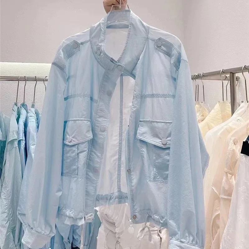 2026 여름 스탠드 칼라 포켓 자외선 차단 의류 여성 루즈핏 UV 차단 셔츠 얇은 숏 재킷