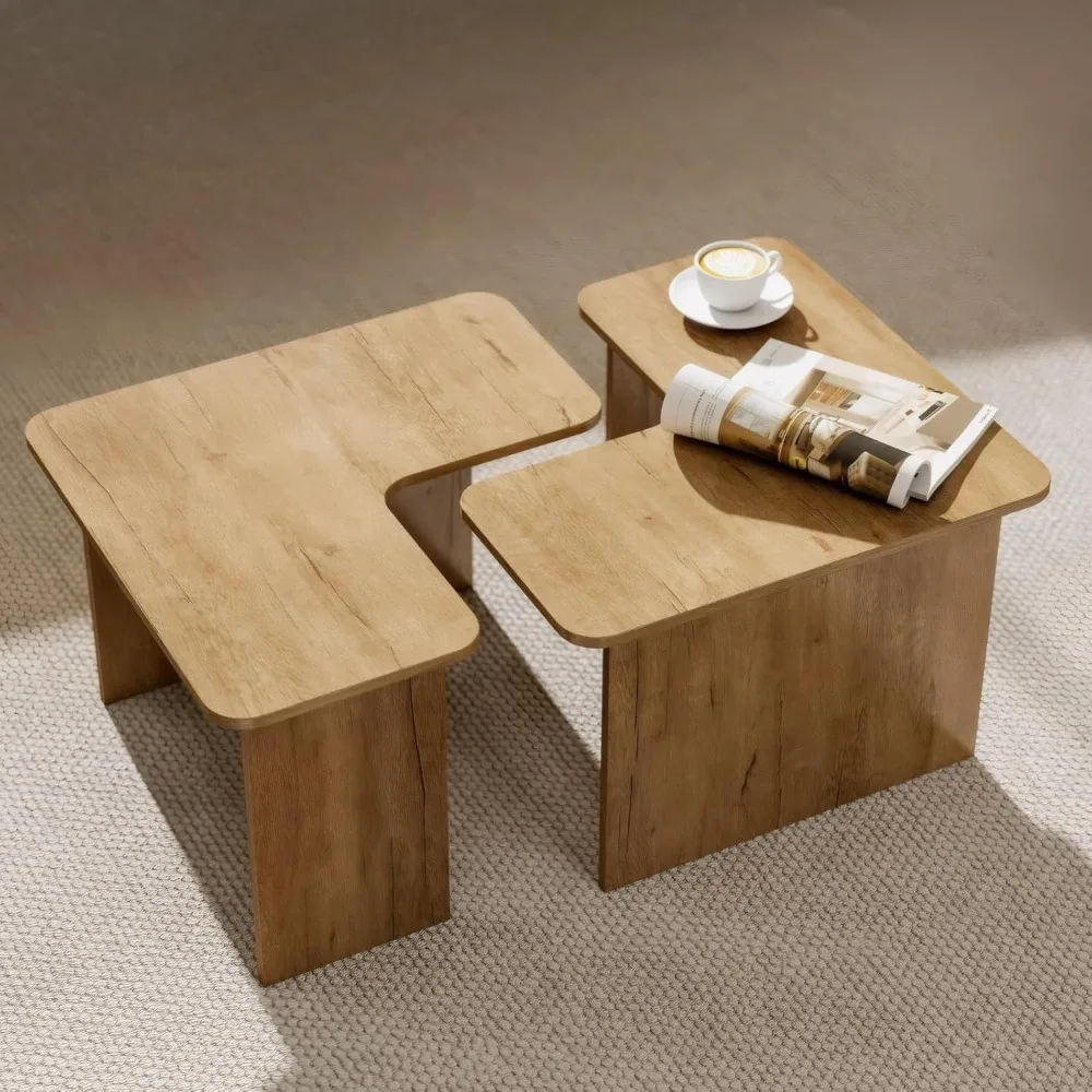 

Pair of Contemporary Nesting Coffee Tables, L-Shaped Natural Wood Square Tables, Compact Rustic End Tables