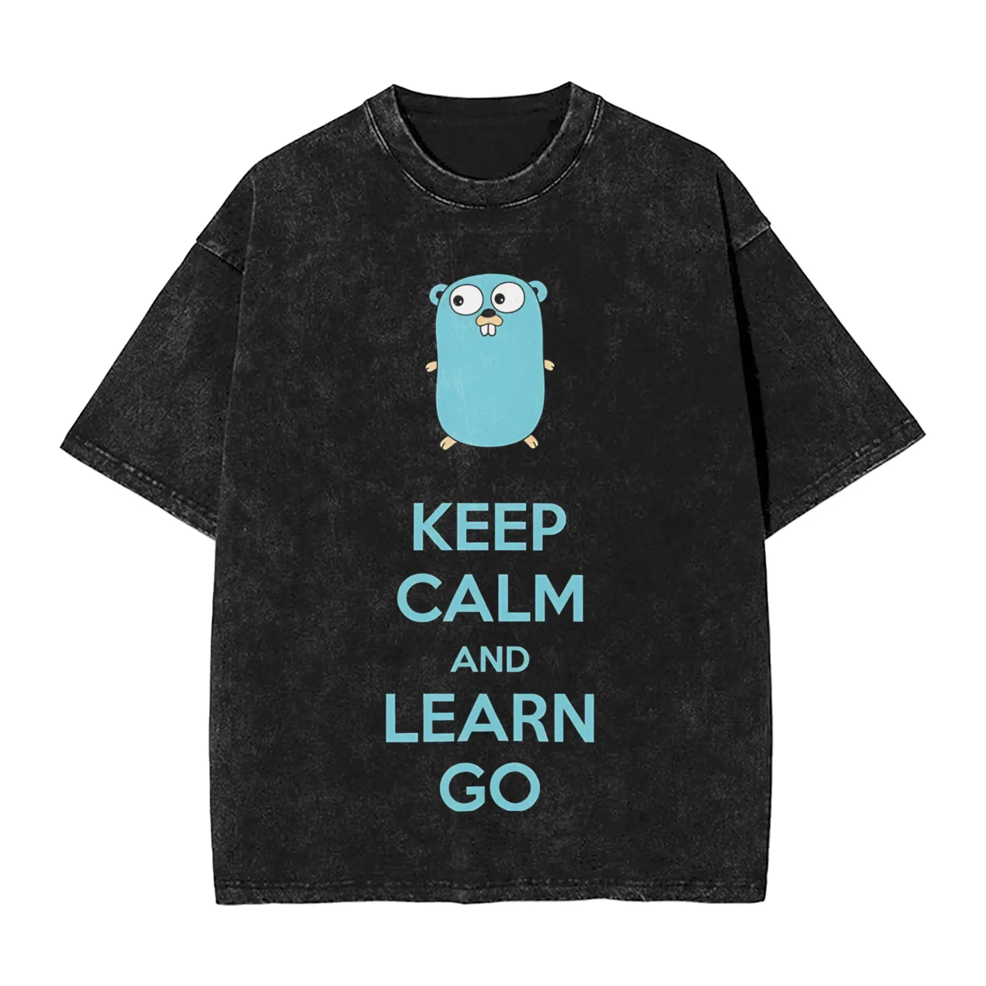 Keep calm and Learn Go GoLang Gopher T Shirts Hip Hop Washed Short Sleeve Oversize T-Shirts  Vintage Men Women Streetwear