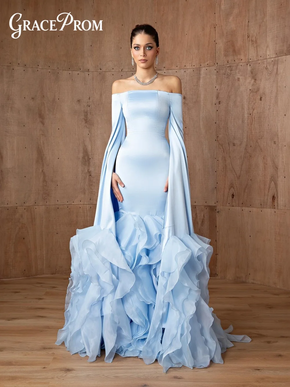 

GraceProm Off Shoulder Mermaid Evening Dress 2026 Luxurious Ruffled Satin Red Carpet Gown Elegant Floor-Length Party Gown