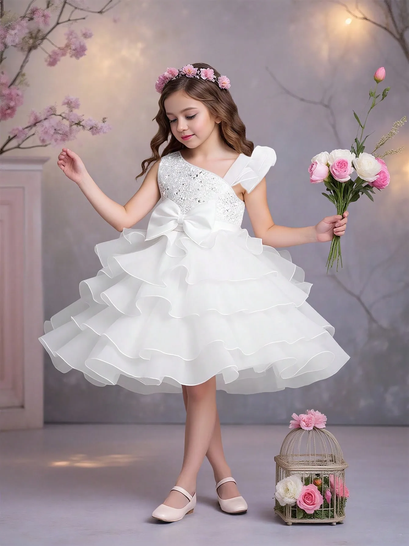 

Elegant white flower girl dress asymmetrical one-shoulder bow multi-layer pleated prom dress 2026 kids mesh wedding tutu skirt