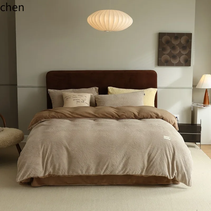 ZML four-piece winter thickened fleece bed sheet and duvet cover set, coral fleece bedding