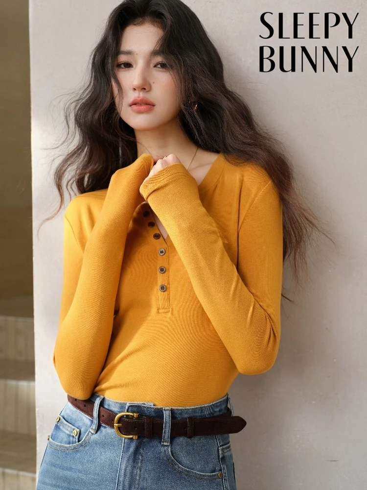 

Women Slim Fit Ribbed Knit T Shirt Lady Spring Long Sleeve Henley Neck Tee Casual Basic Top Elegant Innerwear Layering Essential