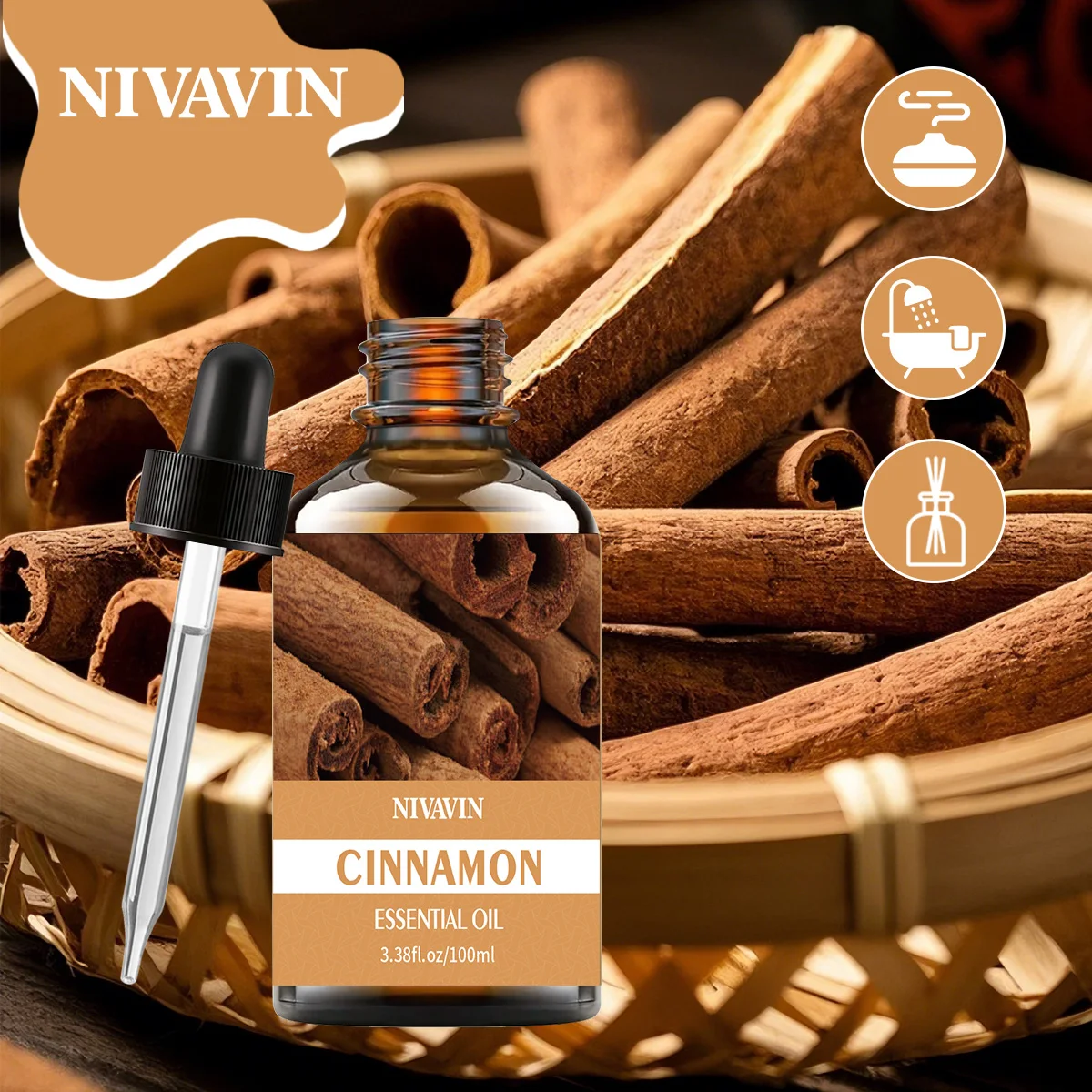 NIVAVIN 30ml/60ml/100ml Cinnamon Essential Oil, 100% Pure Natural Plant Extracts, Long-lasting Fragrance, Rich and Mellow.