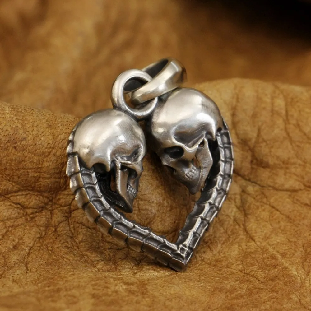 Double Skulls Heart Cupronickel Pendant Biker Rock Punk Jewelry CP168