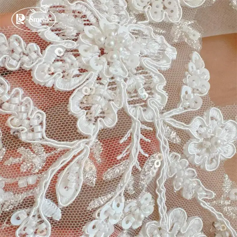 33,5 x 16 cm Weiße Perlen-Pailletten-Blumen Bestickte Spiegel-Applikation aus Spitze. Patch DIY Hochzeitsaccessoires Nähzubehör – Detail 2