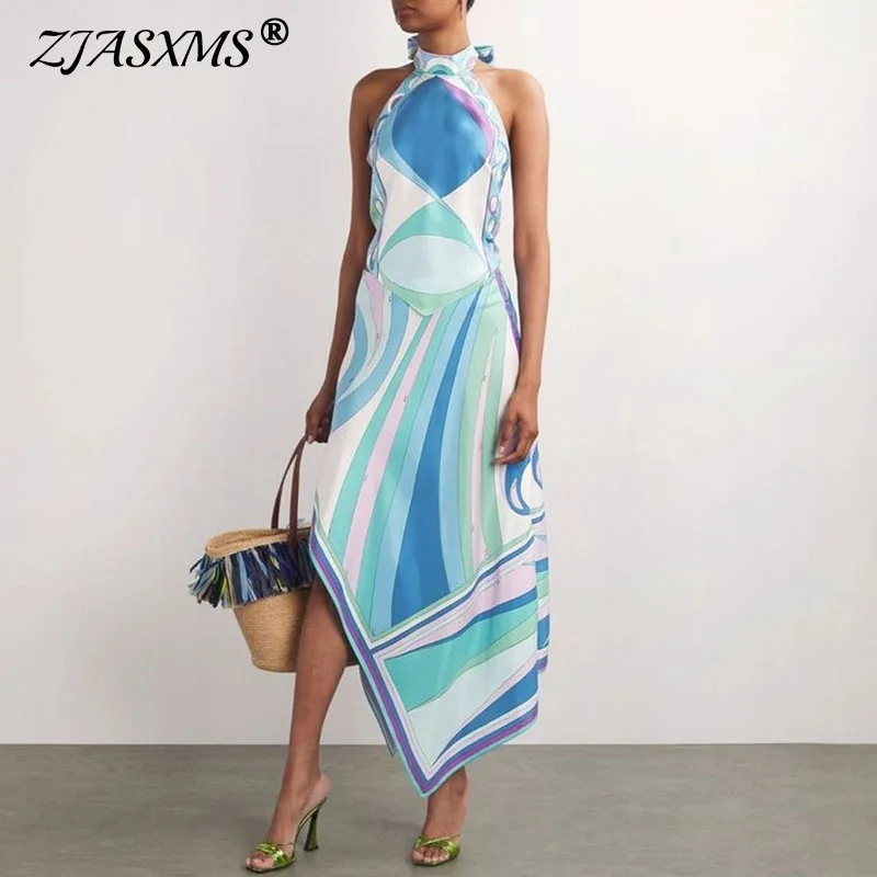 

Retro Pattern Print Satin Outfits Woman Sexy Lace-up Backless Halter Top & Irregular Skirt 2 Piece Set Spring Summer Hollow Suit