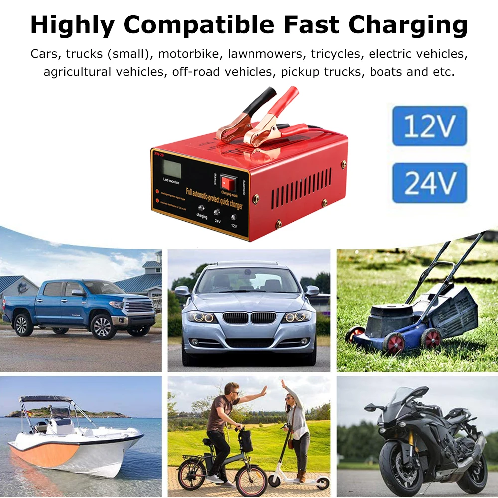 Car Battery Charger EU/US Plug LED Screen Intelligent for Repair Auto SUV Truck Motorcycle Maintainer Protect Quick Charger