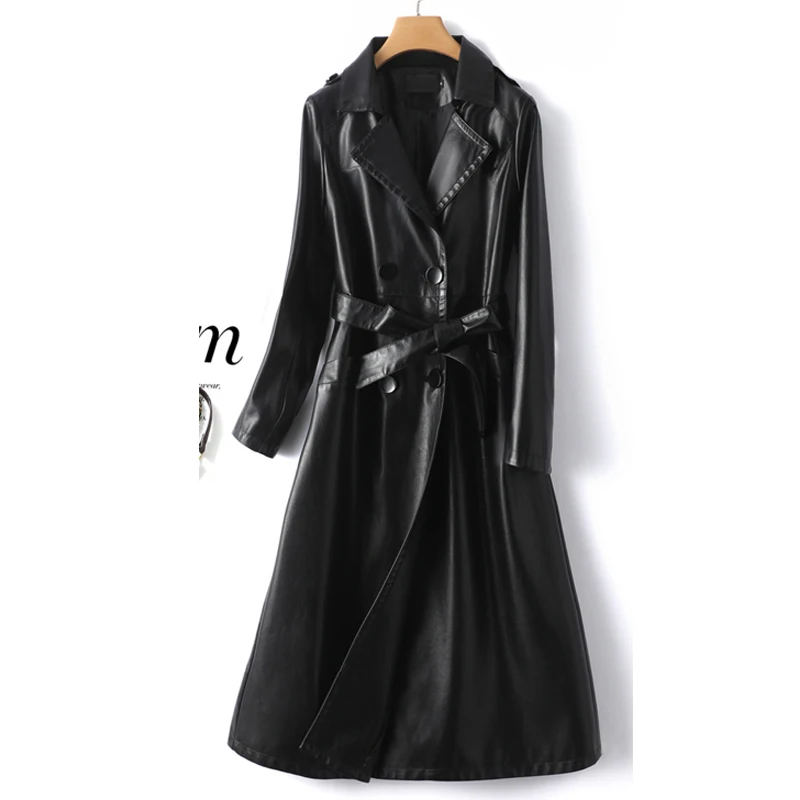 Sheepskin Trench Coats Women Long Split Leather Outwear Fall Winter Chic Wine Red Double Breasted Belt Ladies Trench Clothes