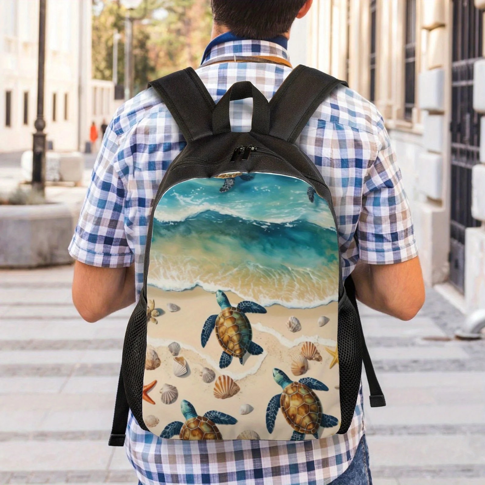 Retro Turtle Pattern Backpack, Lightweight Casual Unisex Student Schoolbag