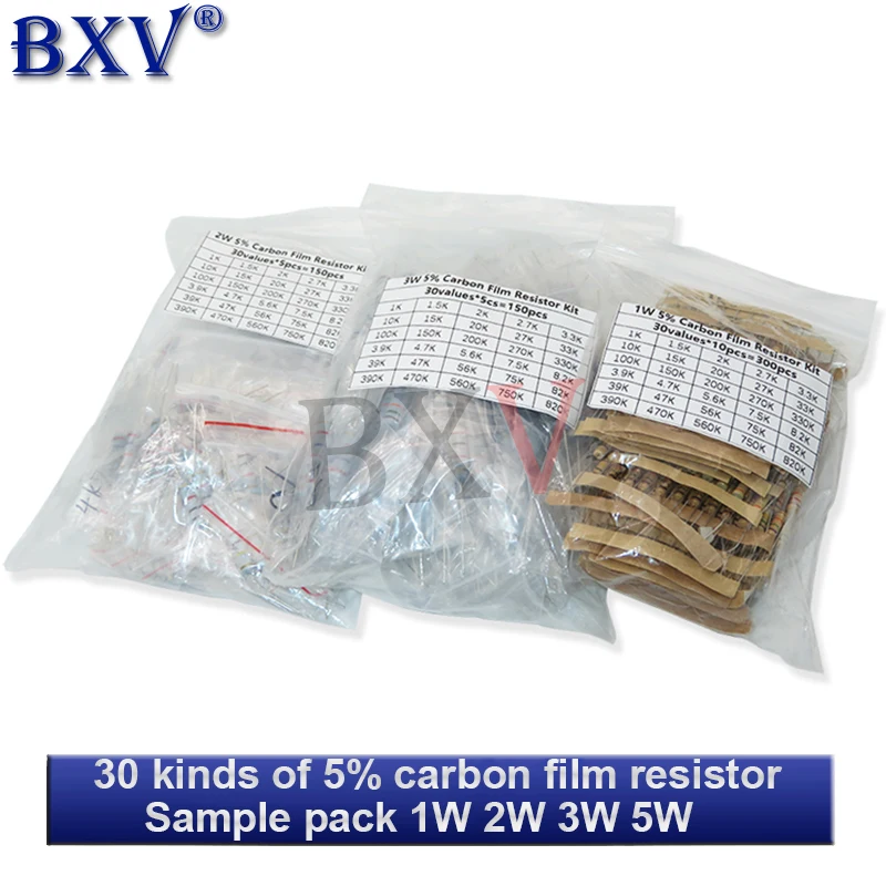 

150PCS/Set 300PCS/Set 30values Resistor Kit 1W 2W 3W 5W 5% Carbon Film Resistance 0.1-750 Ohm 1K-820K BXV