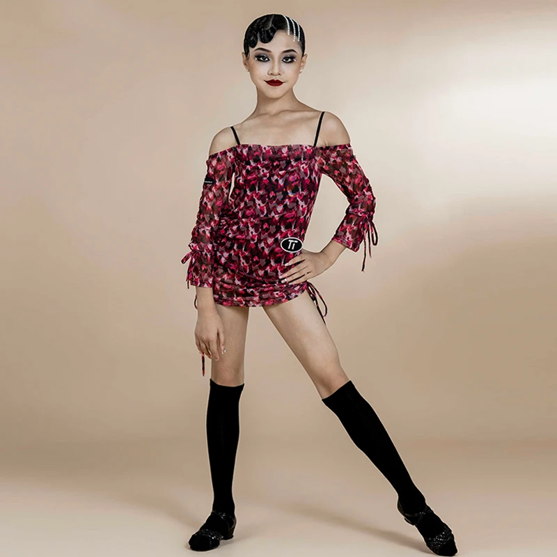 New Latin Dance Practice Dress Girls Sling Drawstring Mesh Dresses Line Dance Clothing Ballroom Prom Waltz Tango Costume XH590