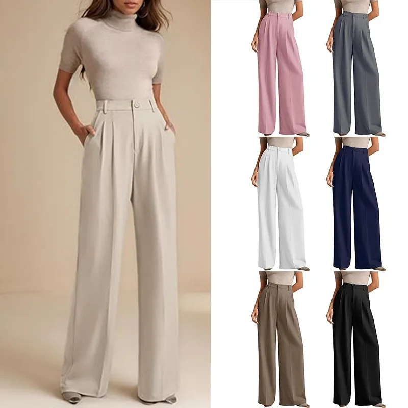 

Summer Women Pants High Waist Lightweight Trousers Pleated Front Button Front Solid Color Wide Leg Pants Elegant Straight Cut
