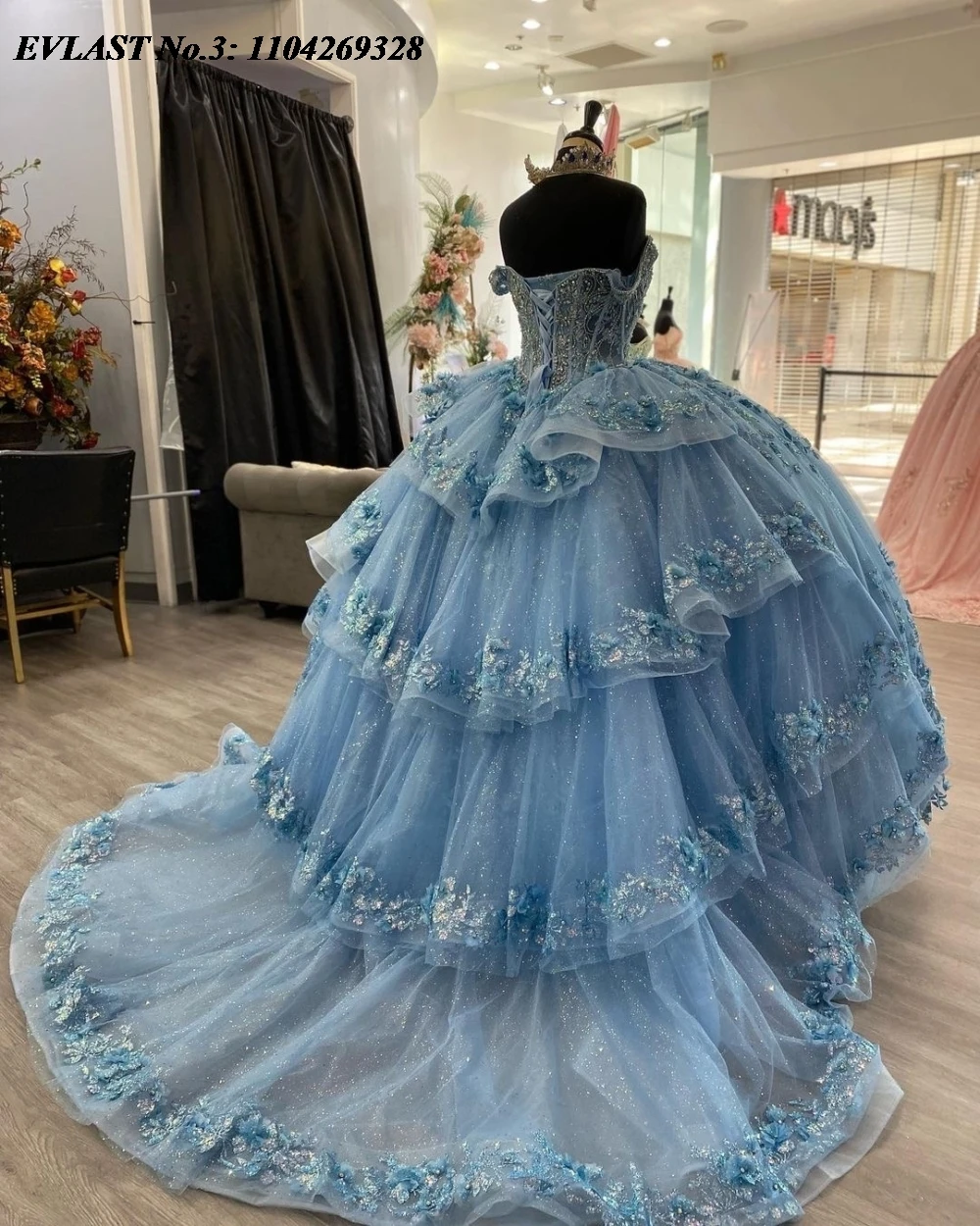 EVLAST Personalizzato Cielo Blu Abito Quinceanera Abito di Sfera Paillettes Lucide Applique Che Borda A File Dolce 16 Abiti Da 15 Anos E3Q132