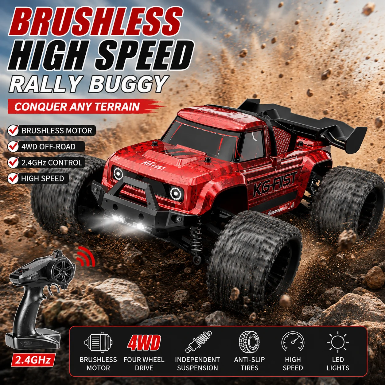 KF18 1:14 Brushless RC Car 4WD Off Road Racing Truck 2.4G Remote Control Monster Vehicle with LED Light Hobby Toy Gift for Boys