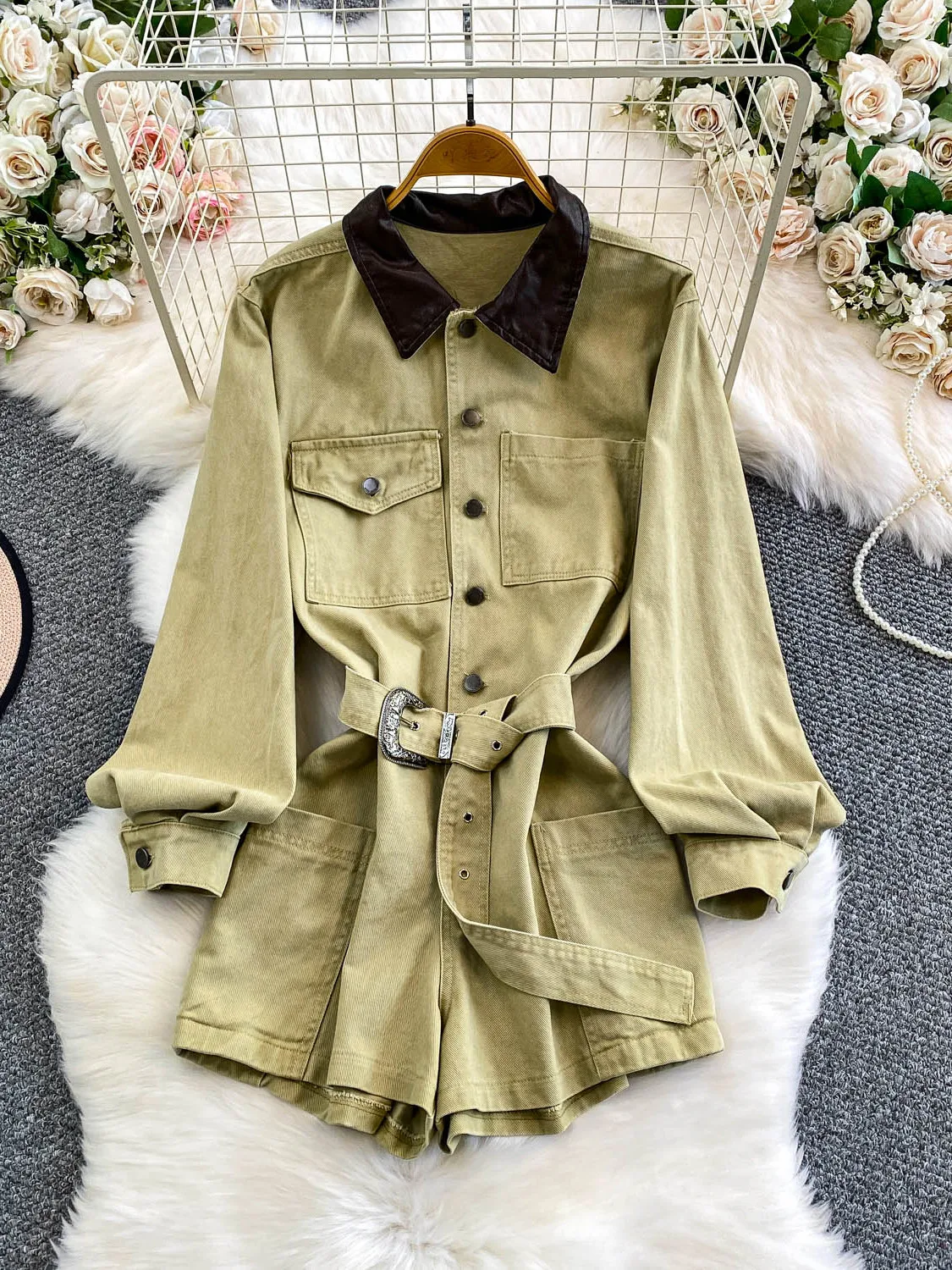 

Ретро-комбинезон из искусственной кожи с воротником-пэчворк для женщин, осенне-зимний, на одной пуговице, с эффектом похудения, широкие джинсы