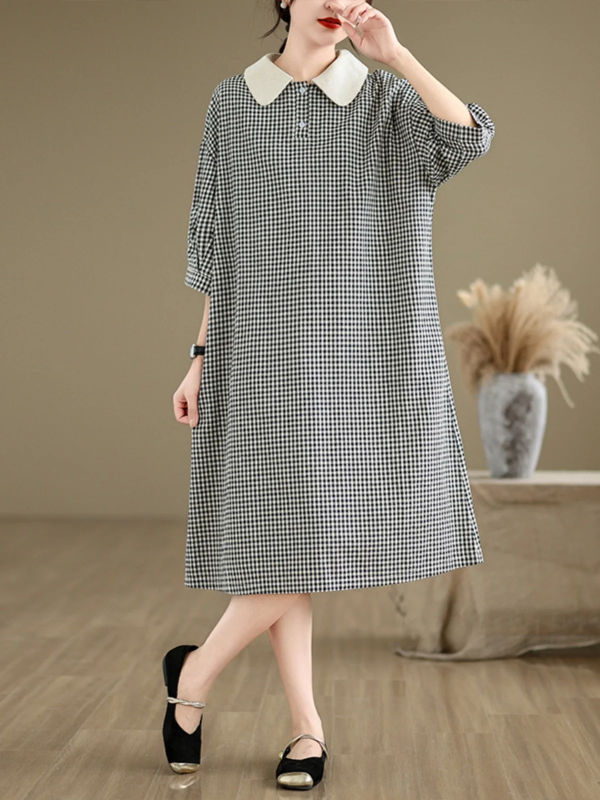 Verão casual xadrez algodão lin dr gola do bebê solto midi saia de emagrecimento cintura alta oulder casual irt sle saia linha a