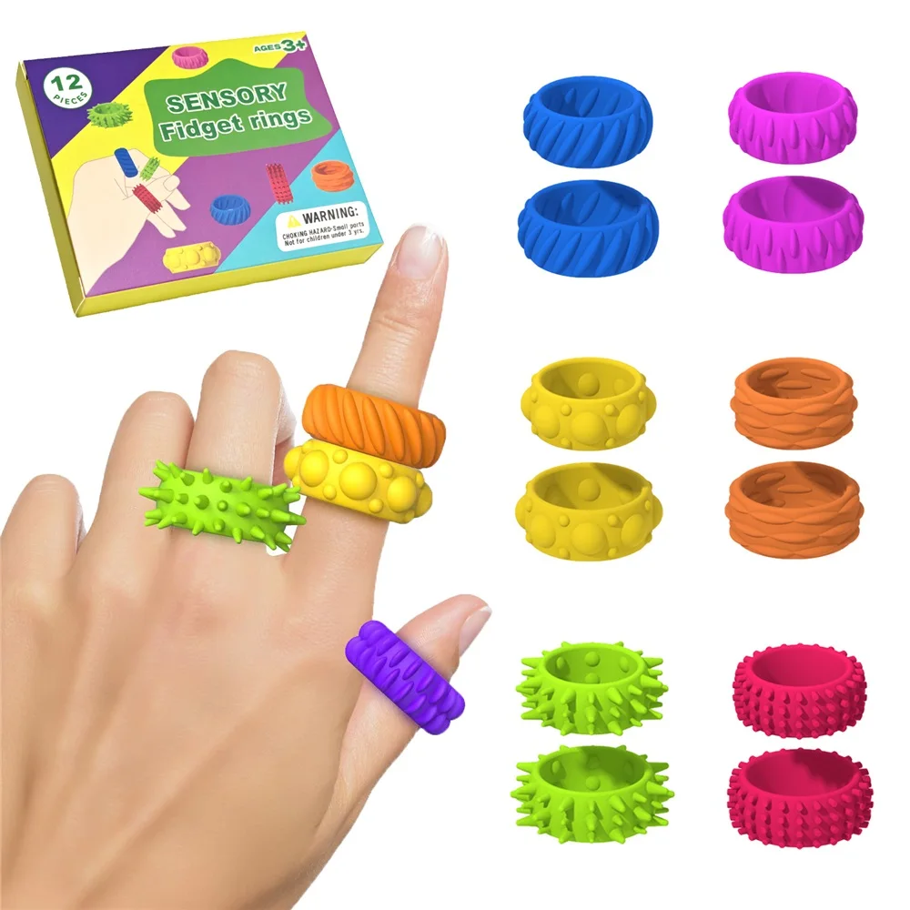 

Сенсорные кольца Fidget Toys для детей: 12 упаковок колец-спиннеров для пальцев — текстурные игрушки для снятия стресса для детей, успокаивающие аутизм — веселые непоседы
