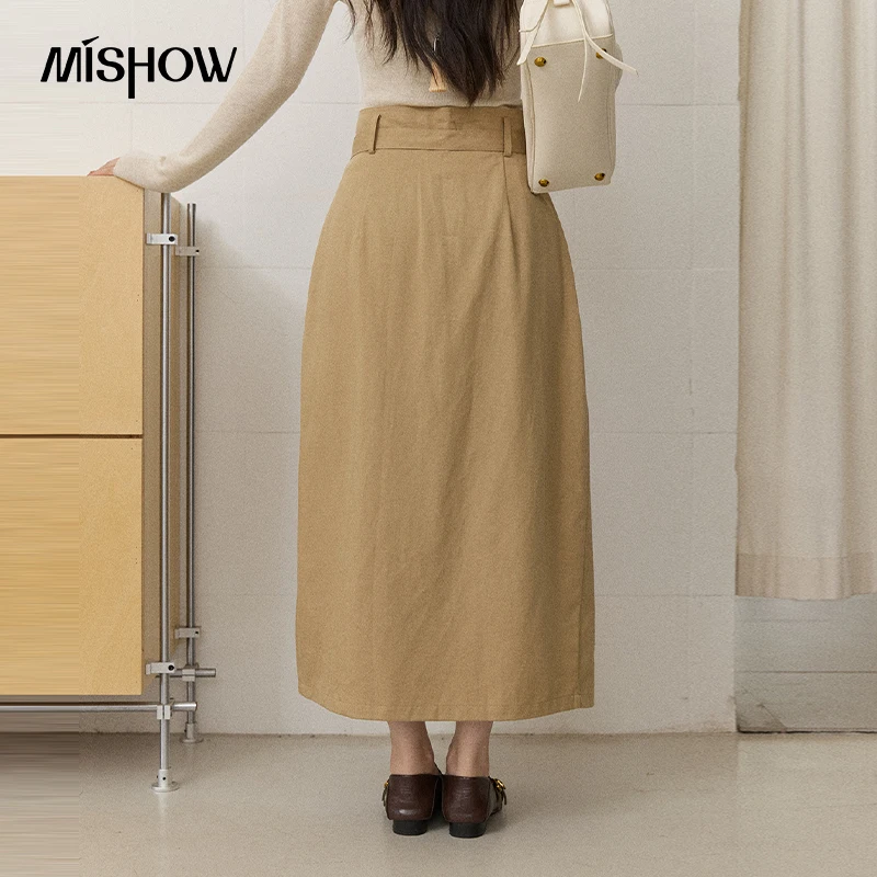 MISHOW Women's Cotton Asymmetric Wrap Belted Skirt 2026 Autumn Slim Button Waist Skirts Elegant Commuter Long Skirt MXF43B2582