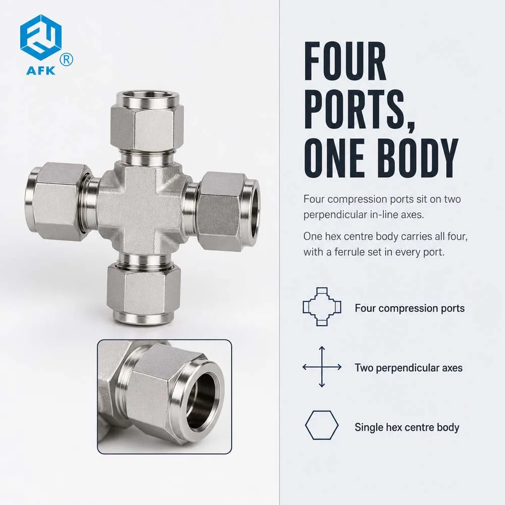 316 SS Instrument Tube Fittings 1/4in 6mm 8mm Ferrule Cross Type Compression 4 Way Union Tube Fittings for Industrial Use