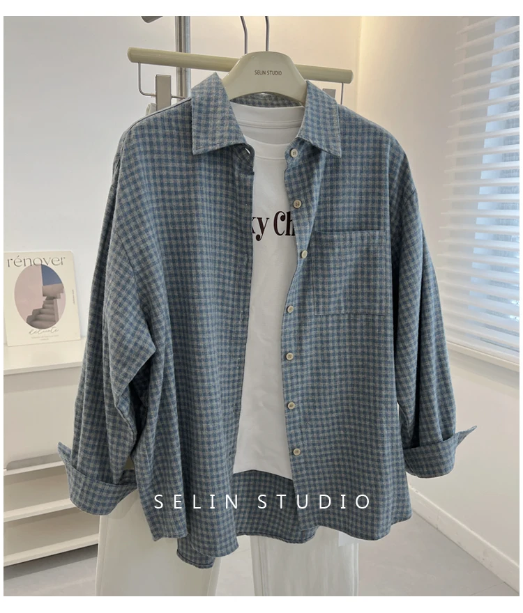 

Женская синяя клетчатая рубашка с начесом, блузка большого размера в корейском винтажном стиле с длинными рукавами на весну и осень 2023 года.