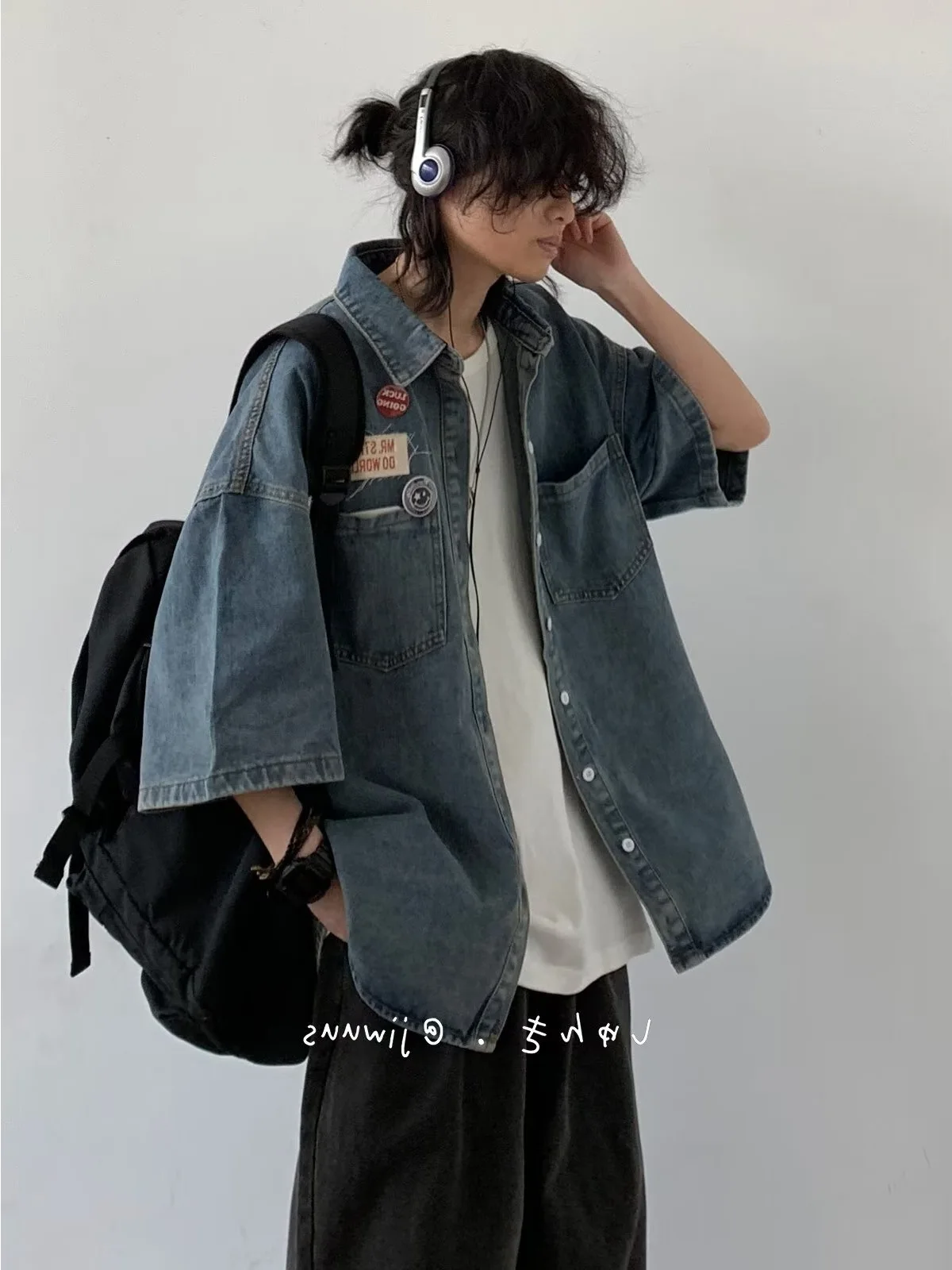 American Cityboy Washed Denim Short Sleeved Shirt Men's Versatile Loose Fitting Shirt Denim Trendy Coat