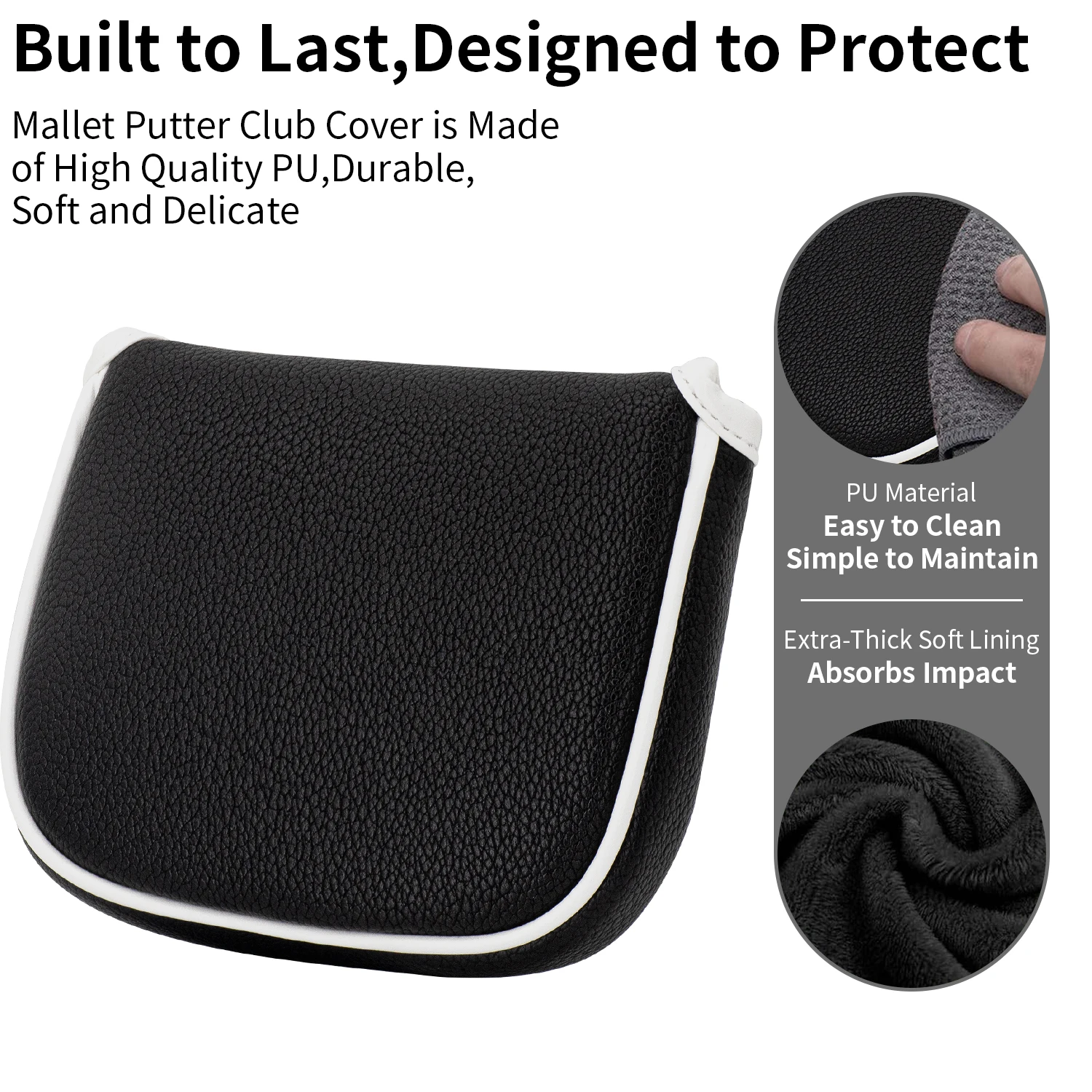 1pc Blank Black Mallet Putter Head Cover Magnetic Closure White Trim Single‑Ear Square Golf Putter Protector image 3