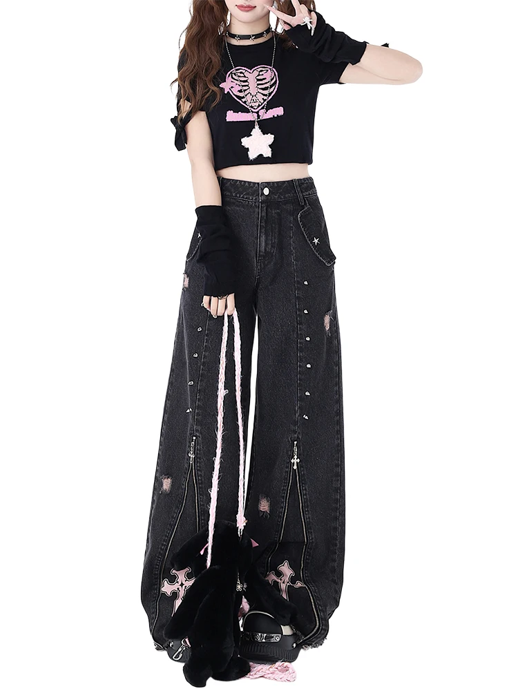 เสื้อผ้าผู้หญิง Black Gothic กางเกงยีนส์ 90s Aesthetic Y2k Oversize กางเกงยีนส์ Vintage Harajuku เกาหลี Emo 2000s ถังขยะ Jean กางเกง